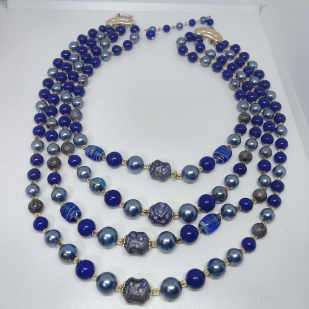* vintage Japan 4 strand blue glass & plastic beads necklace 19.5"